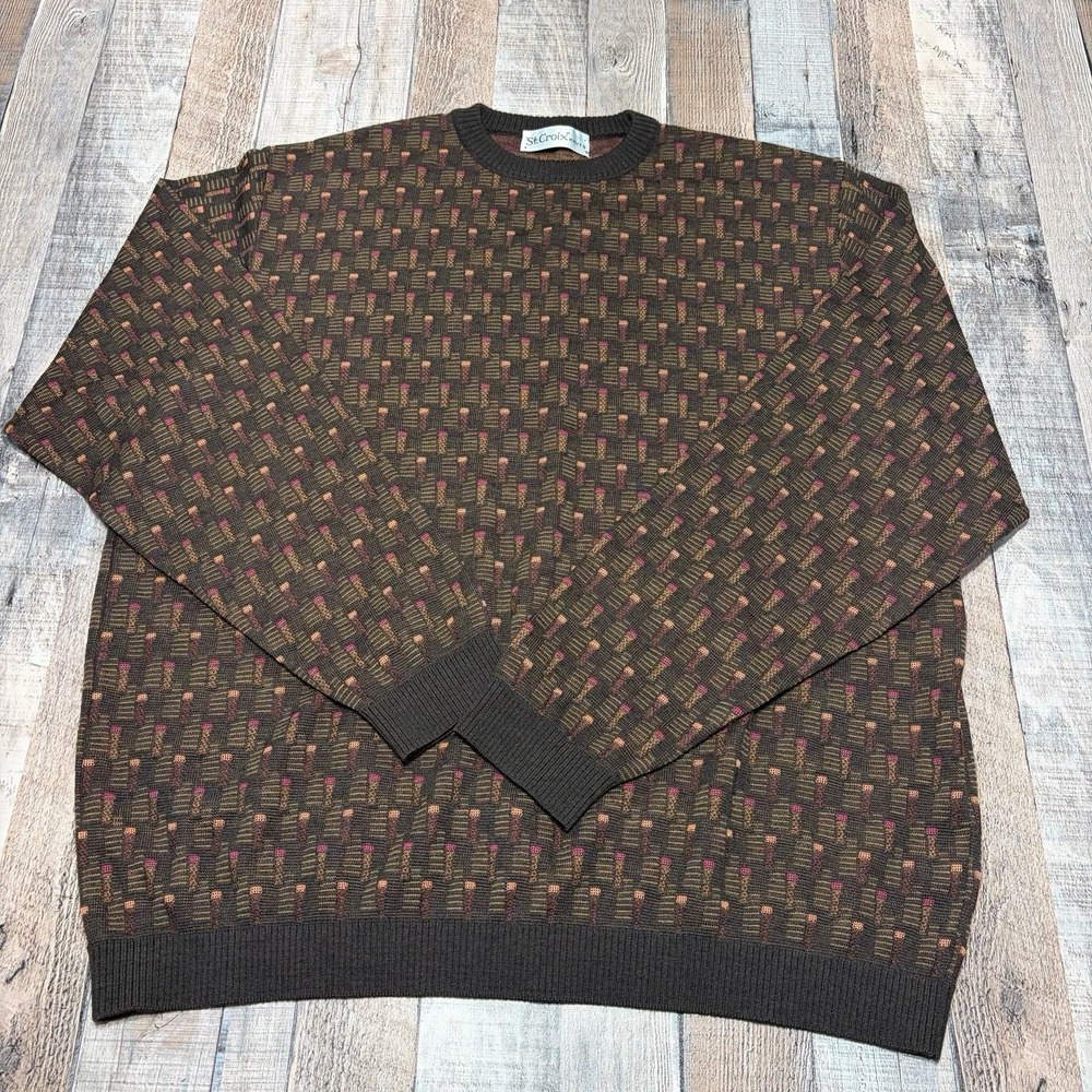 Vintage St. Croix Knits Sweater Men Large Brown Geometric Crewneck Wool Blend